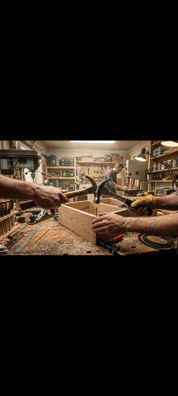 Two carpenters use hammers to assemble a wooden box frame on a sawdust-covered workbench in a bus...