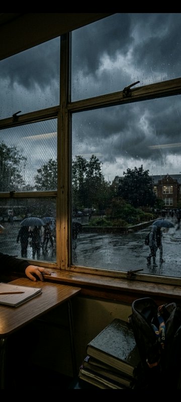View from inside a classroom looking out a rain-streaked wooden window at students with umbrellas...