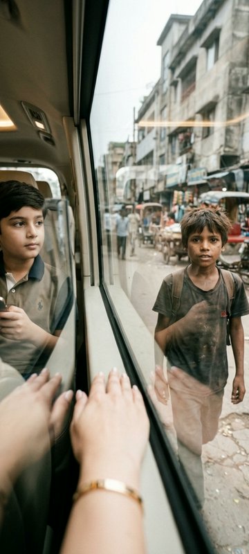 View from inside a car looking out at a young street child standing on a busy urban Indian roadsi...