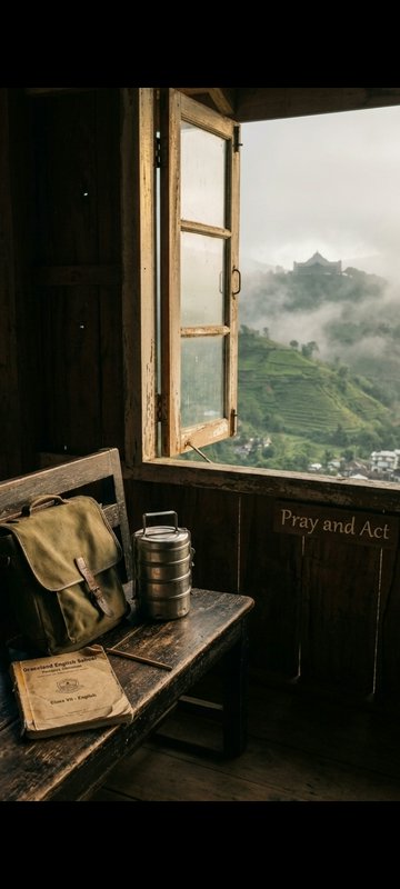 Open weathered wooden cabin window overlooking misty terraced hills, with a vintage desk holding ...