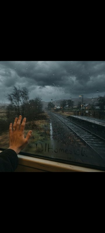 Hand pressed to rain-streaked train window with "Homesick" written on glass, overlooking stormy r...