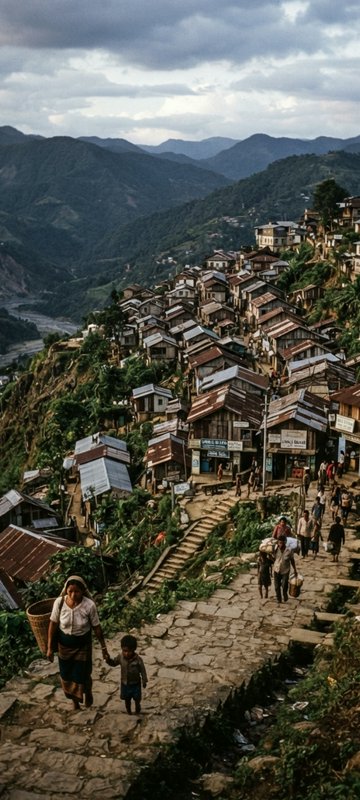 Perched hillside mountain village with tiered wooden homes, villagers walking a stone path overlo...