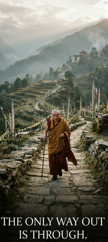 Elderly Buddhist monk walks a stone mountain pilgrimage path, overlaid with the motivational quot...