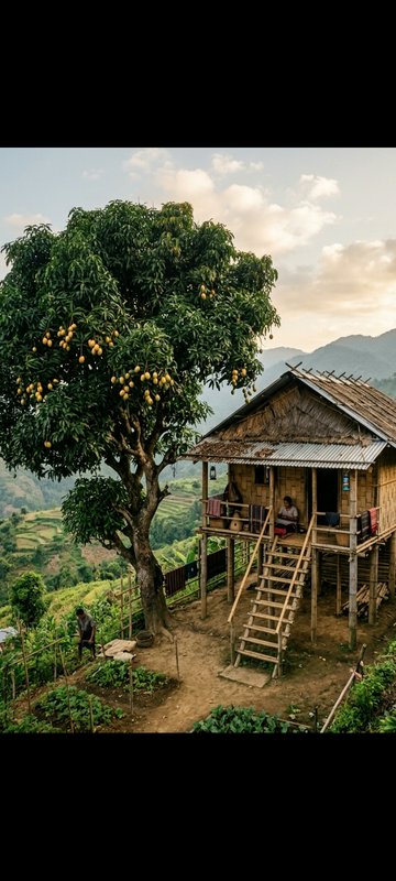 Traditional raised bamboo stilt hut beside a fruiting mango tree overlooking terraced mountain vi...
