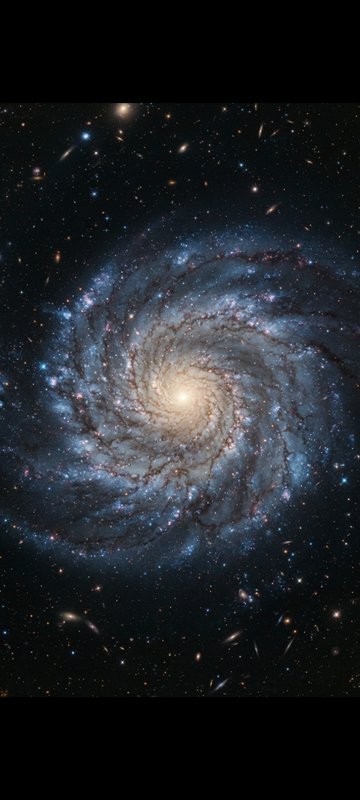 Face-on view of a grand spiral galaxy with glowing golden core, swirling star-filled blue arms, a...