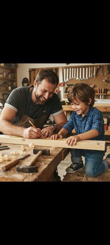 Smiling father and young son mark measurements on a wood plank together in a cozy home woodworkin...
