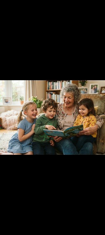Laughing senior grandmother reads an illustrated storybook to three happy young children in a coz...
