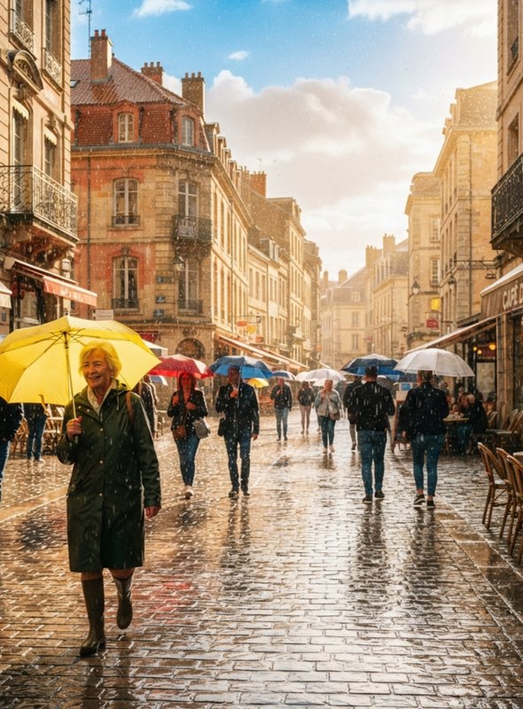 Smiling woman with yellow umbrella walks down glistening cobblestone historic European street during a sunny rainshower.