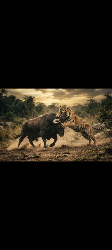 Tiger lunges to attack a horned wild bull during a dramatic fight in a dusty jungle clearing at g...