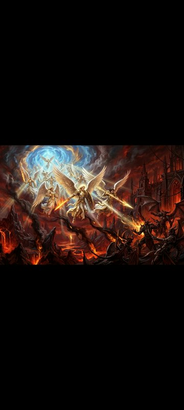 Winged seraph angels wielding holy flaming weapons battle demonic forces over a fiery lava hellsc...