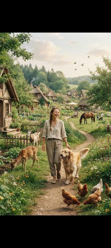 Laughing woman walks with a golden retriever down a sunlit village path surrounded by farm animal...