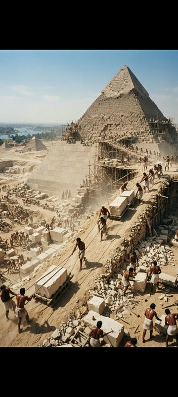Ancient Egyptian workers hauling limestone blocks to build the Great Pyramid of Giza at a sunlit ...