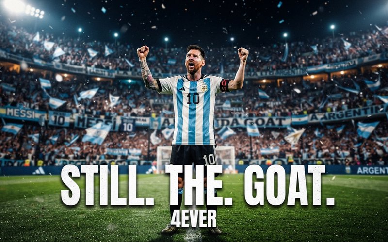 Lionel Messi celebrates in Argentina #10 jersey on a soccer pitch, "STILL. THE. GOAT. 4EVER" over...