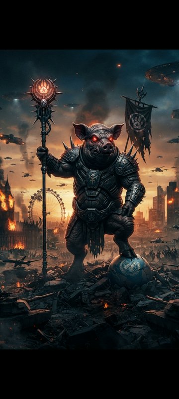 Menacing armored anthropomorphic pig warlord stands atop apocalyptic city rubble holding a spiked...