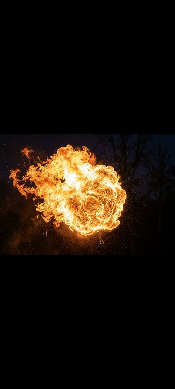 Billowing bright orange fireball explosion erupts against a dark night backdrop with silhouetted ...