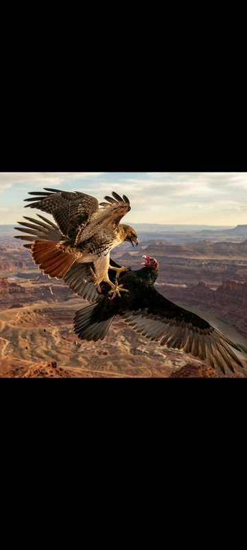 Red-tailed hawk grapples mid-flight with a turkey vulture high above a desert canyon landscape