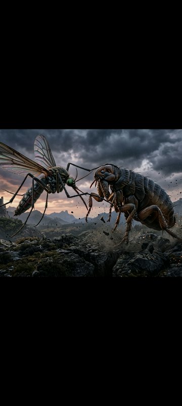 Giant mosquito and giant flea face off in tense standoff on a stormy rocky fantasy battlefield