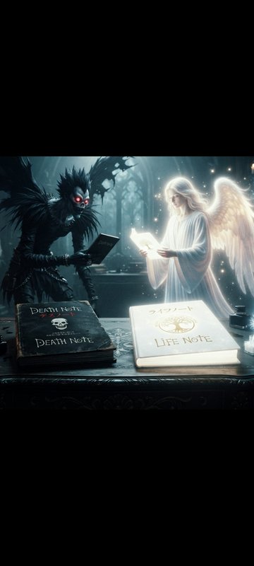 Shinigami Ryuk and a glowing white angel face each other with Death Note and Life Note resting on...