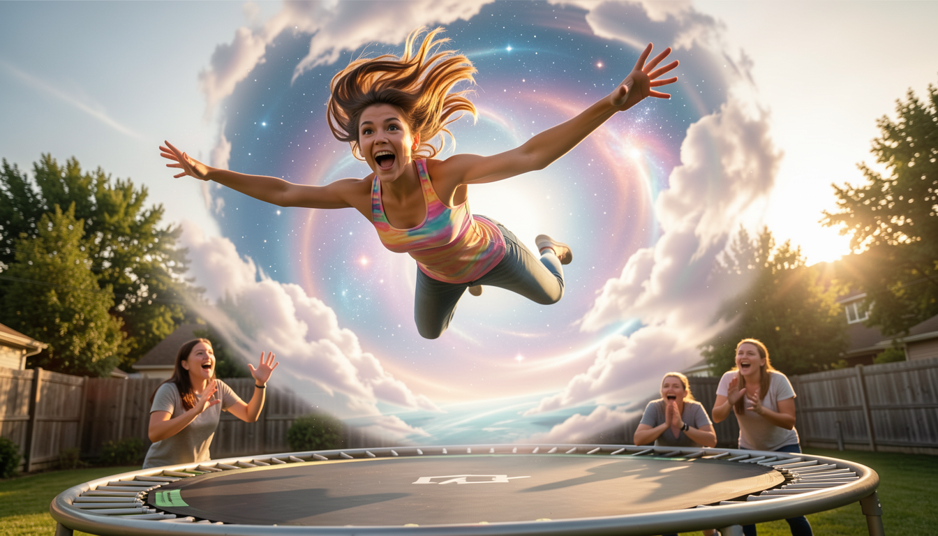 Joyful woman leaps high above a backyard trampoline as friends cheer beneath a glowing swirling cosmic sky