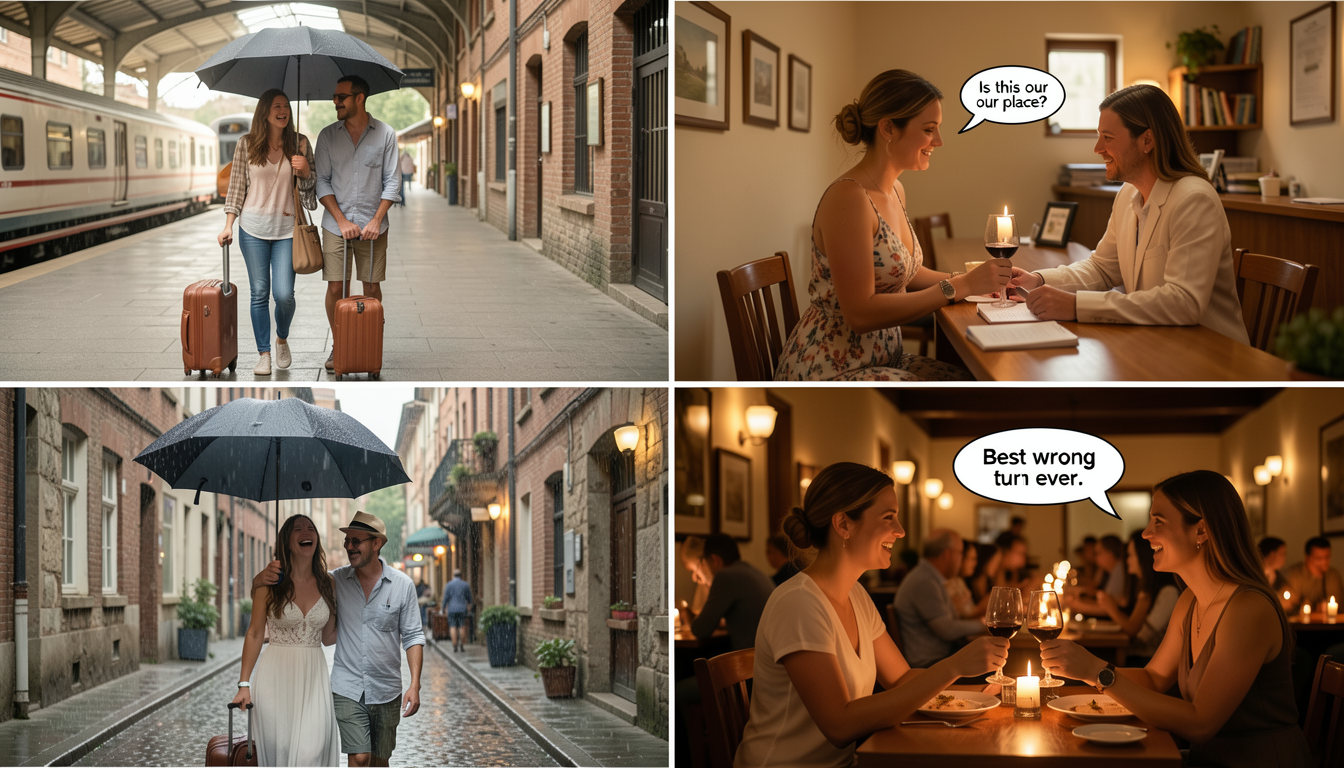 Four panel funny comic showing a couple's unexpected romantic rainy vacation travel journey