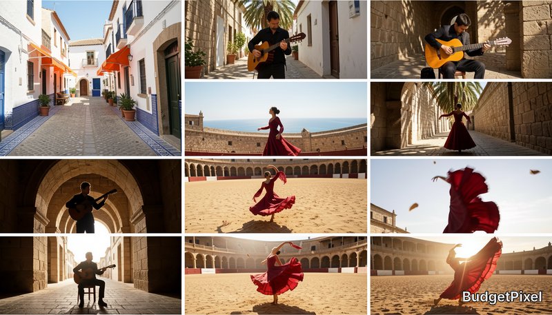 10-panel grid collage of sunlit Spanish scenes: flamenco dancers, classical guitarists, traditional Andalusian architecture