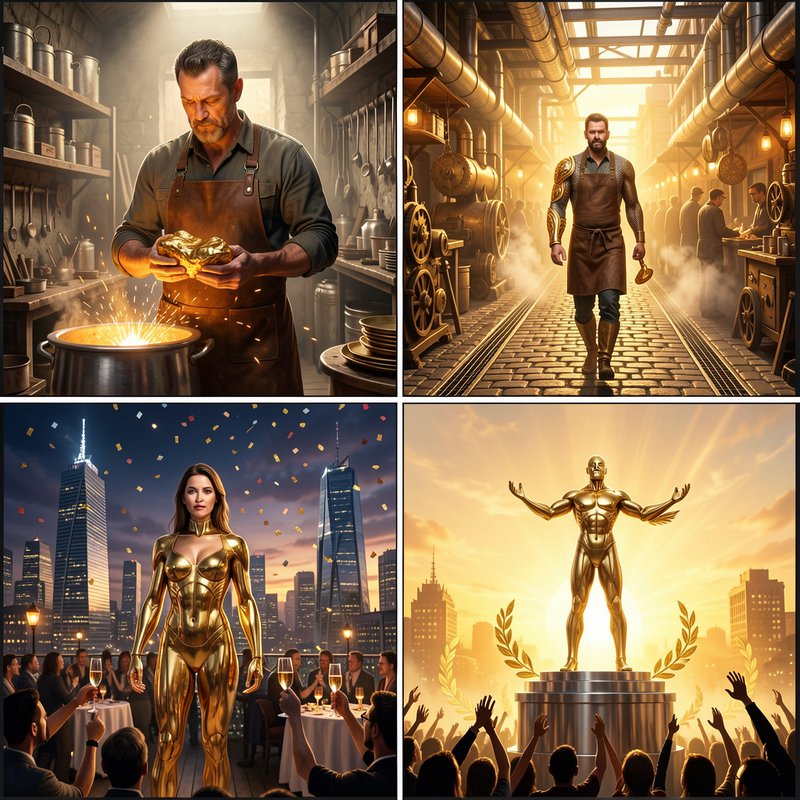 4-panel fantasy illustration tracing the hero's journey of a metalsmith from workshop craftsman to revered golden