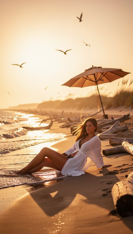 Woman in a white beach cover-up sits on a sandy shore at golden sunset, seagulls fly over the calm ocean coastline.