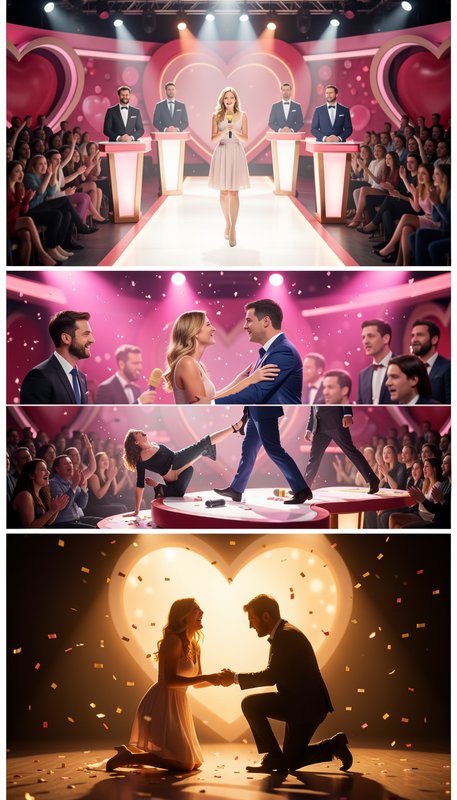 [Vertical 4-panel illustration showing a dating game show story arc, from introductions, comedic chaos, to a final romanti...