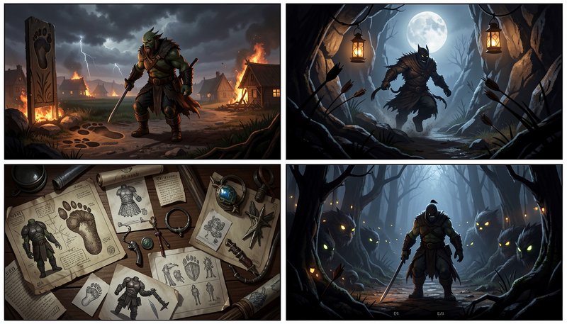 4 panel dark fantasy illustration set: orc raider at burning village, hooded stalker, concept ske...