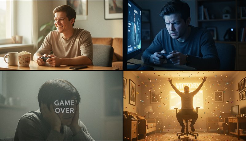 Four-panel collage showing a gamer's full range of emotions during home video game play, from enj...