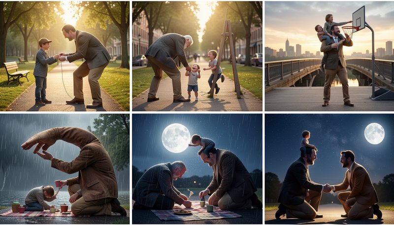 6-panel surreal illustration collage of heartwarming generational father-son moments across day a...