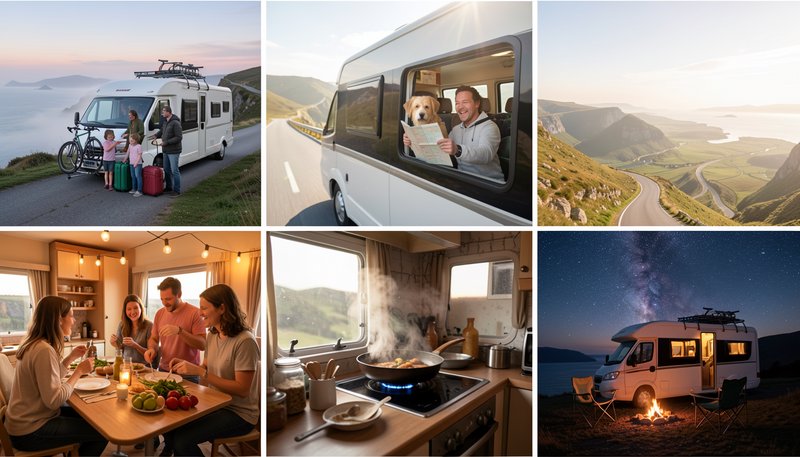 6-panel collage showcasing cozy van life, motorhome road trip, and family camping moments across ...