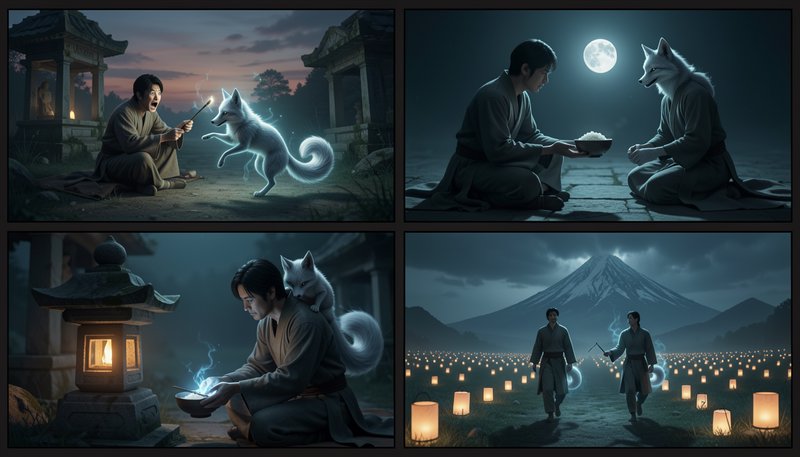 4-panel fantasy comic depicting a Japanese folk tale of a traveler interacting with a glowing mag...