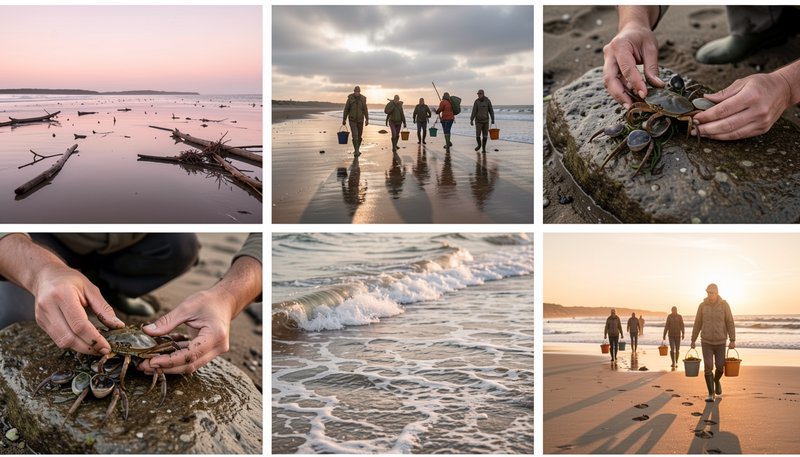 6-panel collage of coastal foraging scenes, including sunset shorelines, forager groups, and clos...