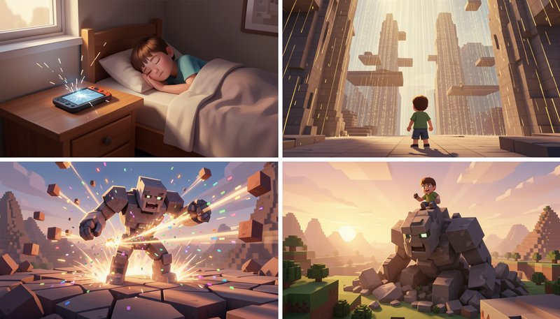 4-panel illustrated comic showing a young boy dreaming of blocky Minecraft-style adventure after ...
