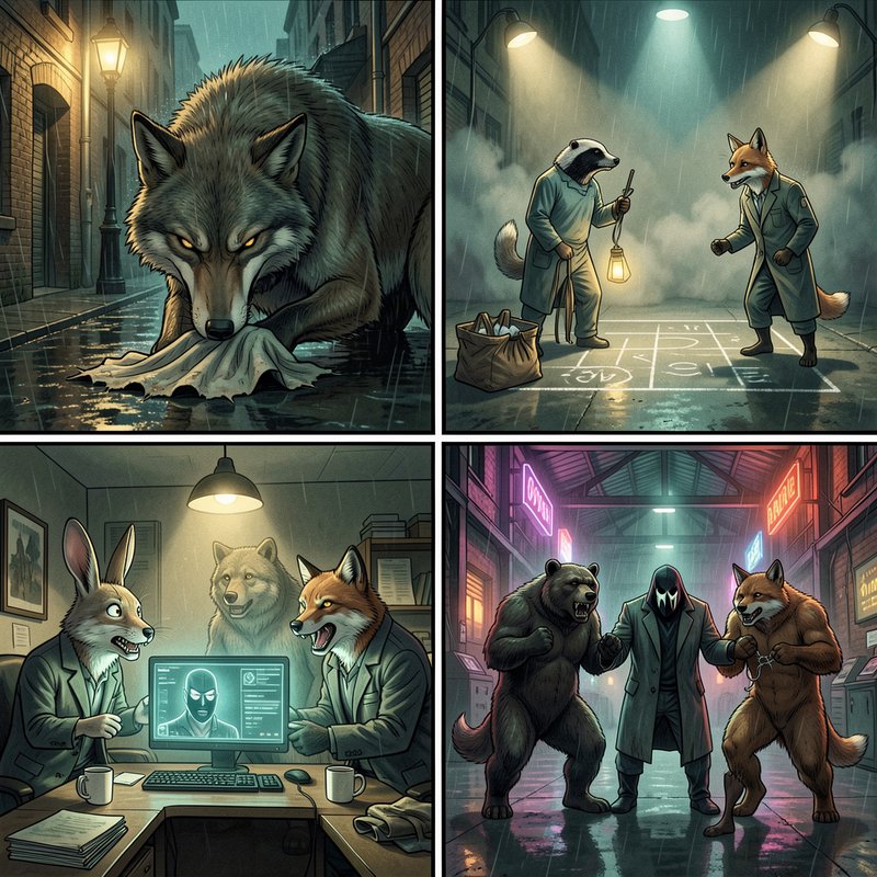 4-panel neo-noir graphic comic featuring anthropomorphic animals in moody rainy urban mystery scenes