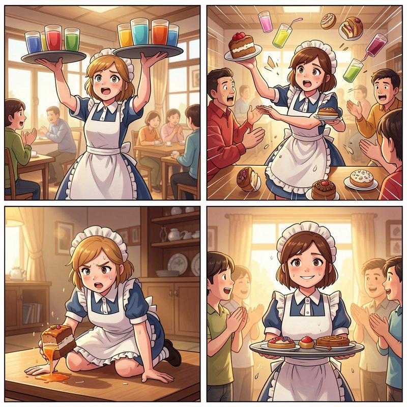 4-panel anime comic strip following a nervous maid waitress through a comedic cafe serving mishap...