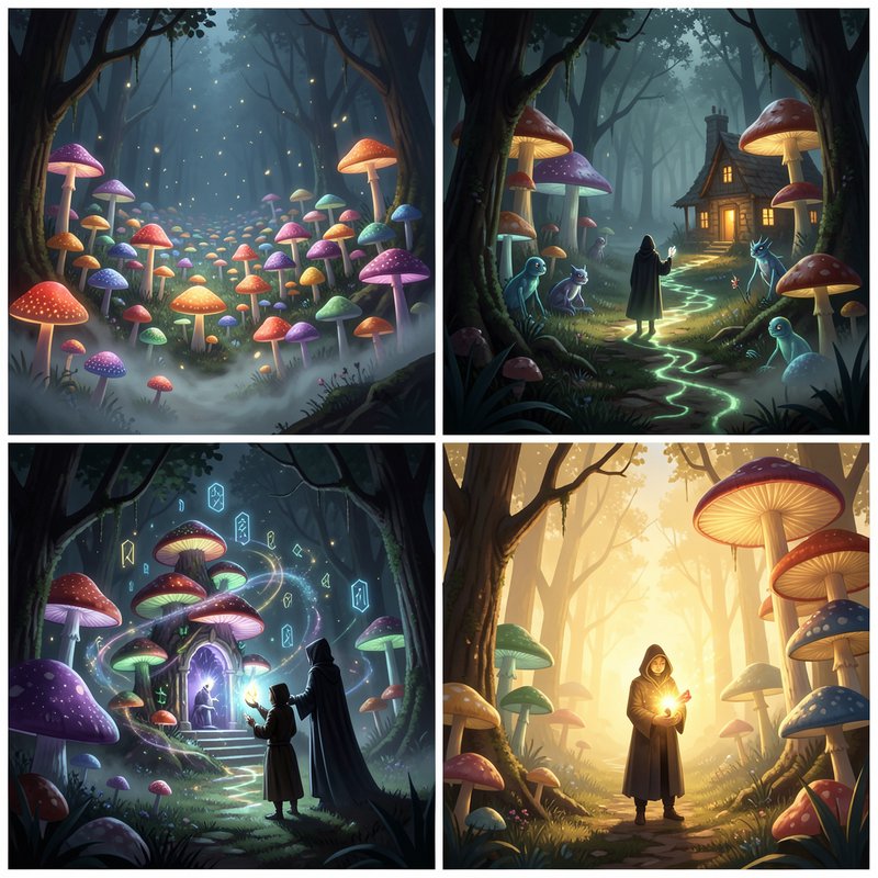 4-panel fantasy illustration grid of enchanted mushroom forest scenes featuring wizards, fey crea...