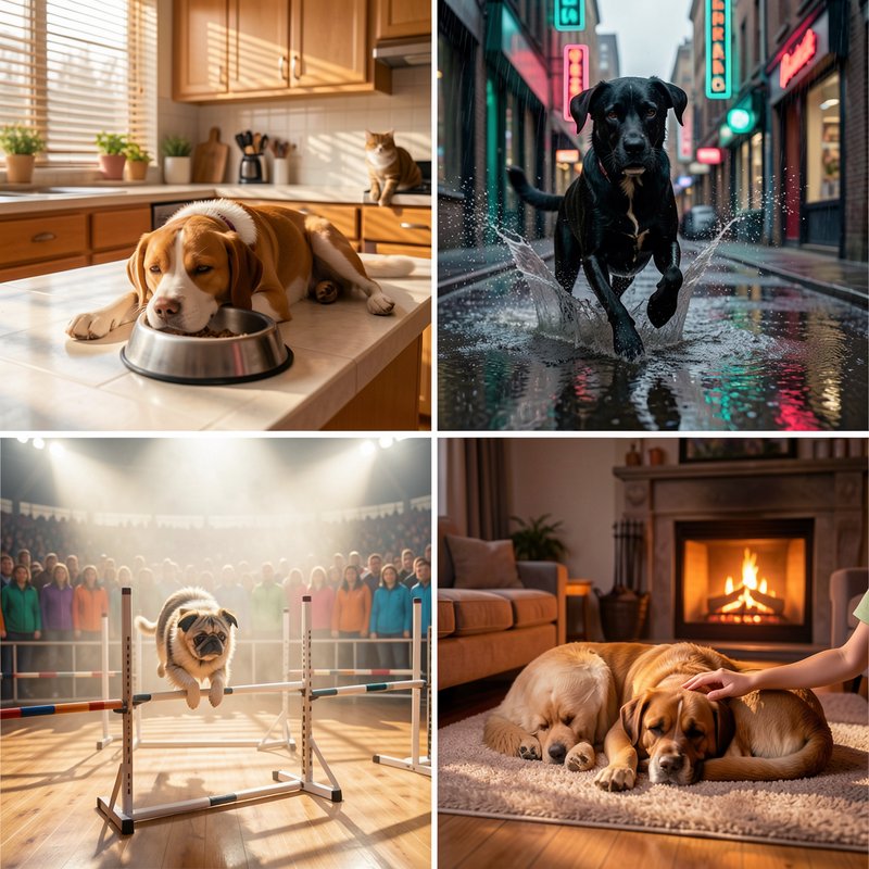 4-panel photorealistic collage featuring whimsical, varied dog scenes across domestic, urban, and...