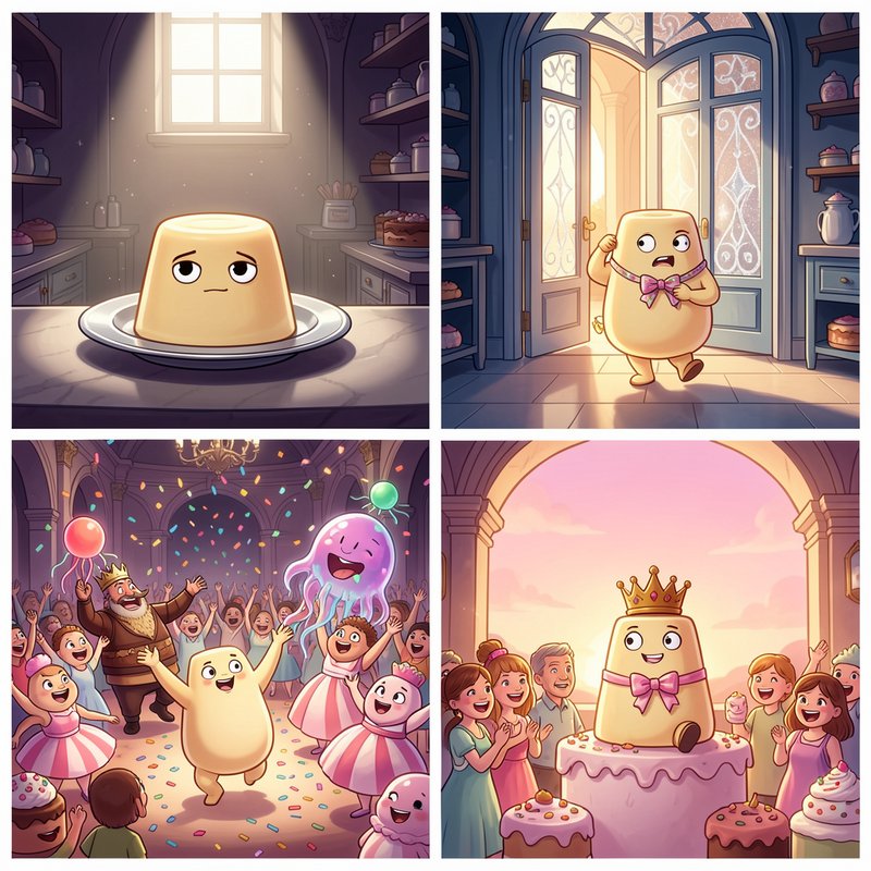 4 panel cartoon comic following a sad anthropomorphic vanilla pudding as it ventures out to be cr...