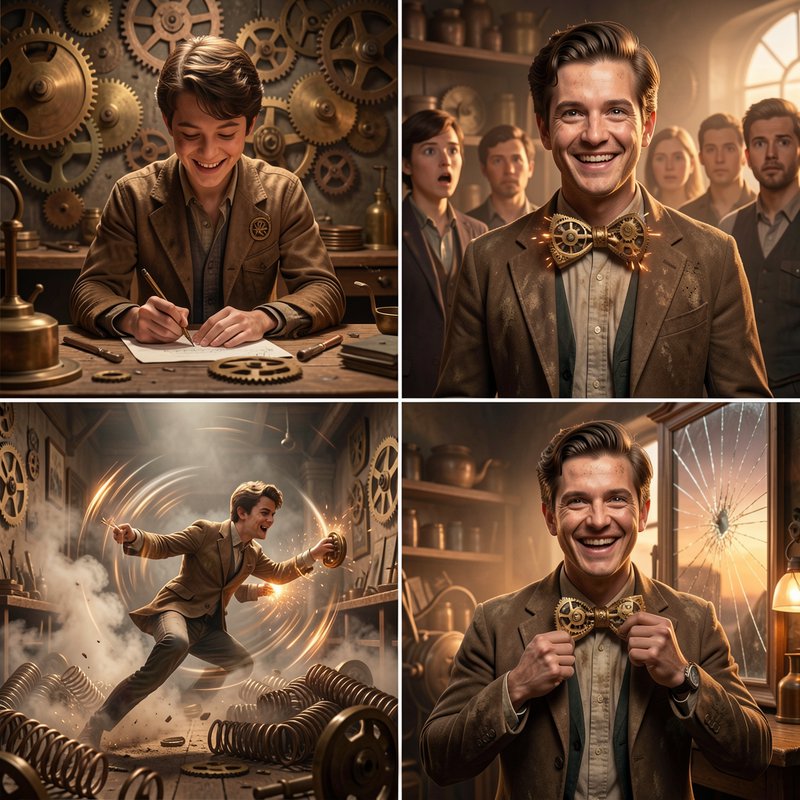 Four panel steampunk comic sequence following a young inventor through design, demonstration, mis...