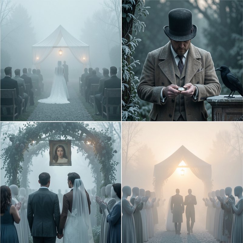 4-panel grid of surreal eerie gothic wedding scenes set in misty foggy woodlands, featuring ghost...