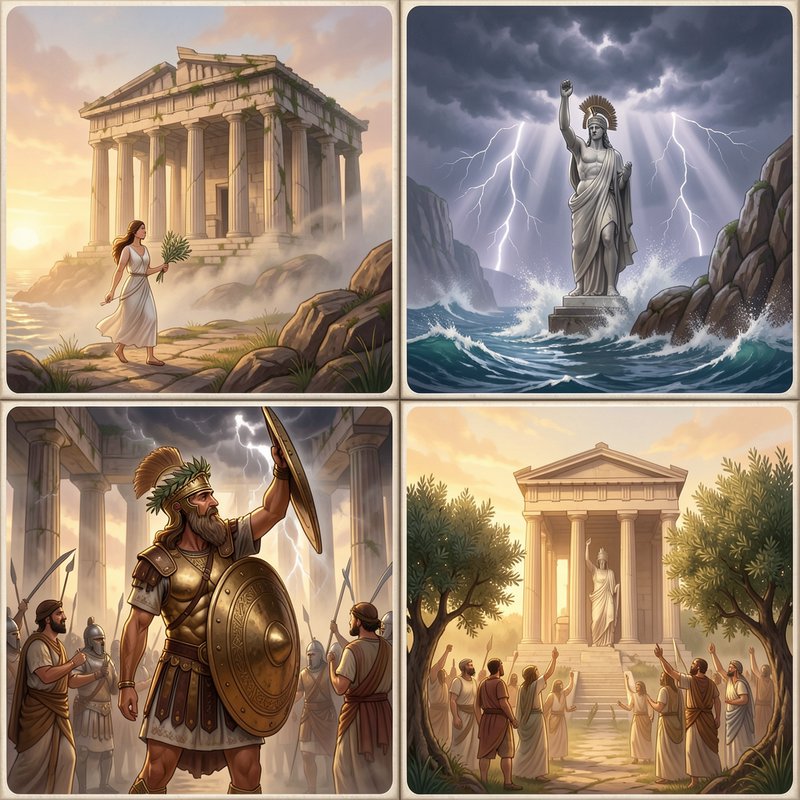 Four panel illustrated grid of ancient Greek mythological scenes featuring temples, gods, warrior...