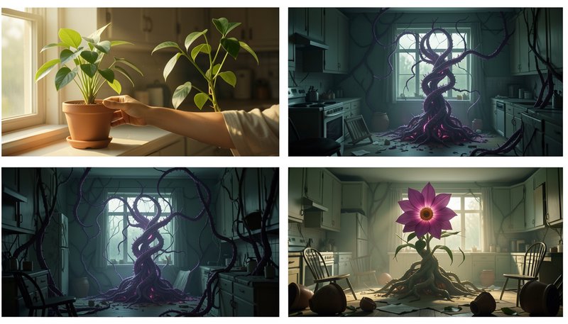 4-panel narrative sequence showing a small potted houseplant mutating into a giant overgrown vine that takes over a reside...