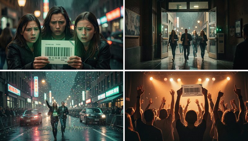 4-panel cinematic narrative comic showing a group holding a barcode ticket, running through rainy...