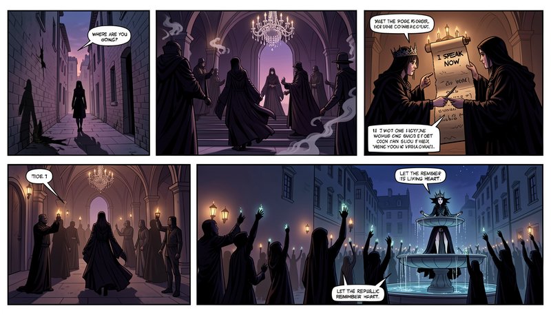 5-panel dark fantasy comic page featuring hooded characters, royal court scenes, and an occult ri...