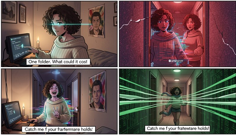 4-panel humorous sci-fi comic showing a woman opening a computer folder that glitches her into a ...