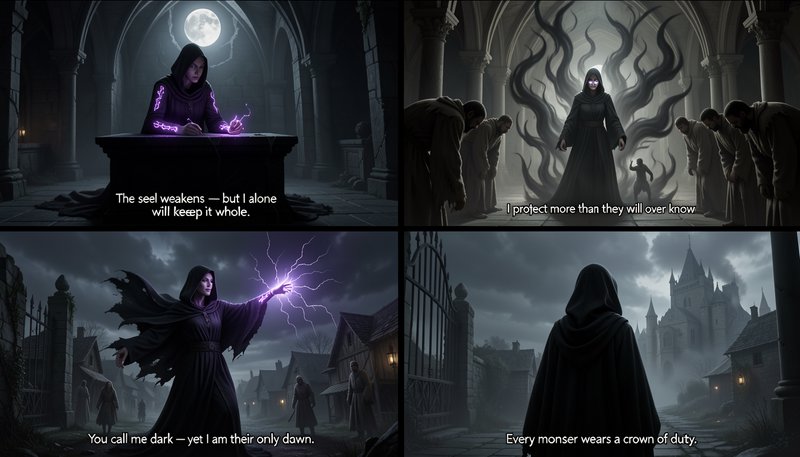 4-panel dark fantasy comic of a hooded magic-wielding antihero sorceress across atmospheric gothi...