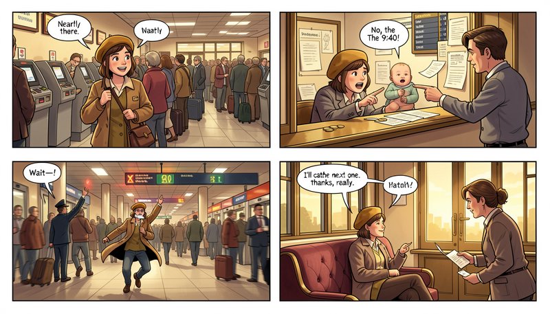 4-panel humorous AI generated comic showing a traveler navigating a busy train station with garbl...