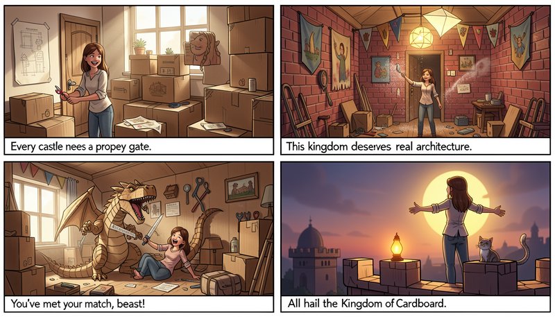 Four panel humorous comic of a woman building an elaborate fantasy kingdom out of cardboard movin...